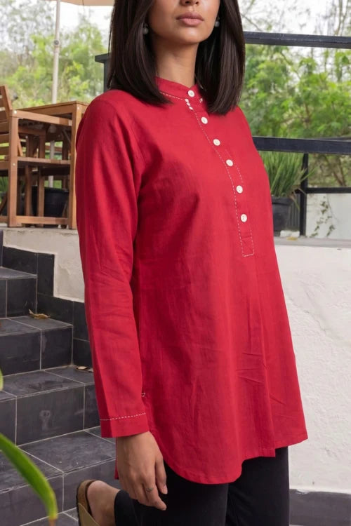 Rangsutra Dhwani Red Mandarin Collar Handloom Cotton Top