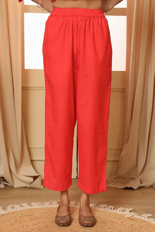 Rangsutra Aashvi Coral Straight-Fit Mangalgiri Cotton Pant With Kantha Hand Embroidery