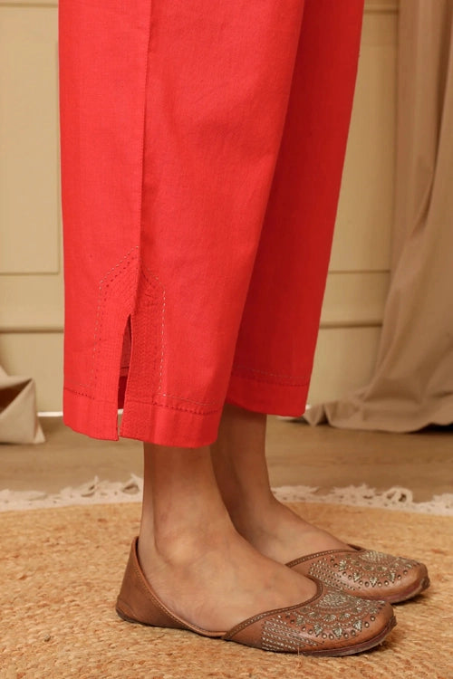 Rangsutra Aashvi Coral Straight-Fit Mangalgiri Cotton Pant With Kantha Hand Embroidery