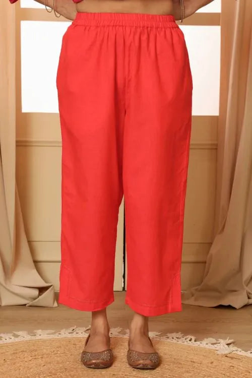 Rangsutra Aashvi Coral Straight-Fit Mangalgiri Cotton Pant With Kantha Hand Embroidery