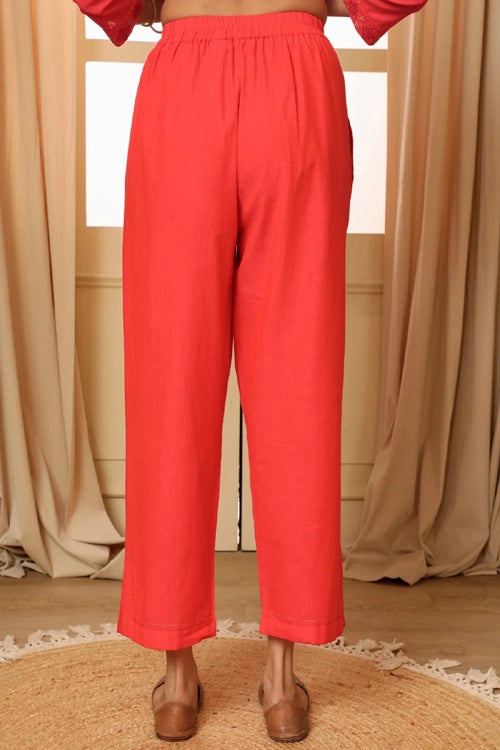 Rangsutra Aashvi Coral Straight-Fit Mangalgiri Cotton Pant With Kantha Hand Embroidery