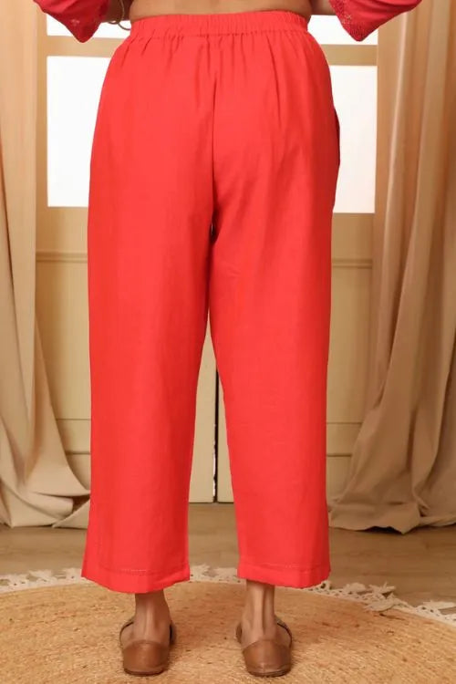Rangsutra Aashvi Coral Straight-Fit Mangalgiri Cotton Pant With Kantha Hand Embroidery