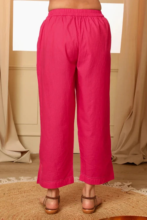 Rangsutra Aashvi Pink Straight-Fit Mangalgiri Cotton Pant With Kantha Hand Embroidery