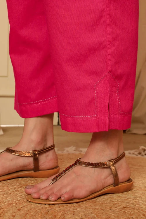 Rangsutra Aashvi Pink Straight-Fit Mangalgiri Cotton Pant With Kantha Hand Embroidery