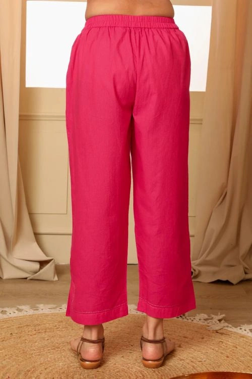 Rangsutra Aashvi Pink Straight-Fit Mangalgiri Cotton Pant With Kantha Hand Embroidery