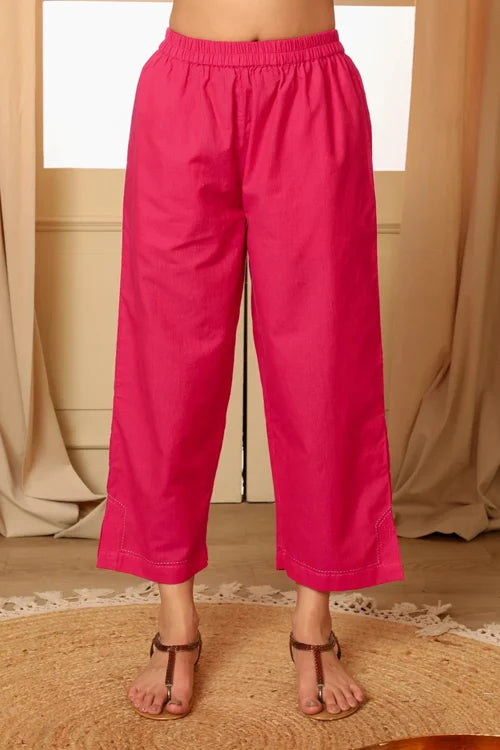 Rangsutra Aashvi Pink Straight-Fit Mangalgiri Cotton Pant With Kantha Hand Embroidery