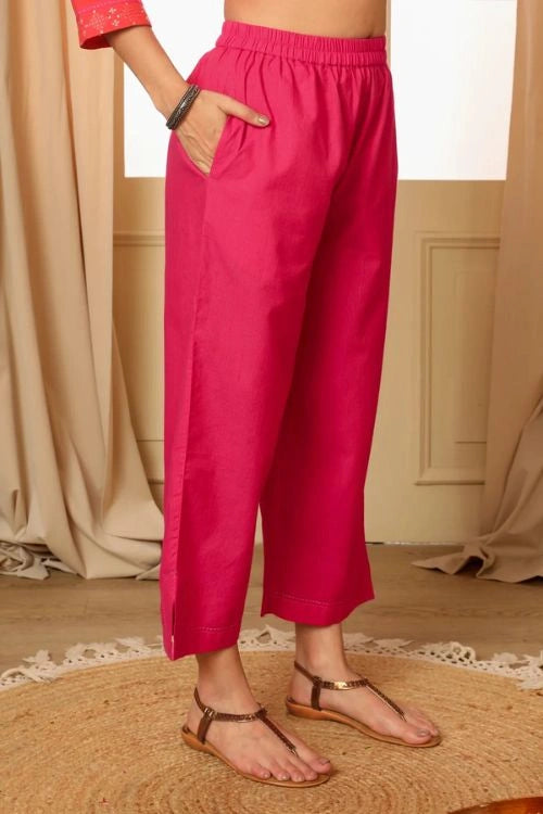 Rangsutra Aashvi Pink Straight-Fit Mangalgiri Cotton Pant With Kantha Hand Embroidery