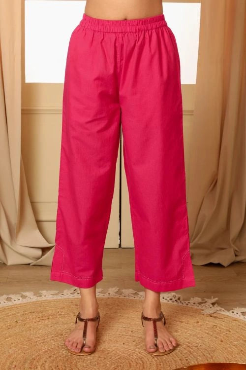 Rangsutra Aashvi Pink Straight-Fit Mangalgiri Cotton Pant With Kantha Hand Embroidery