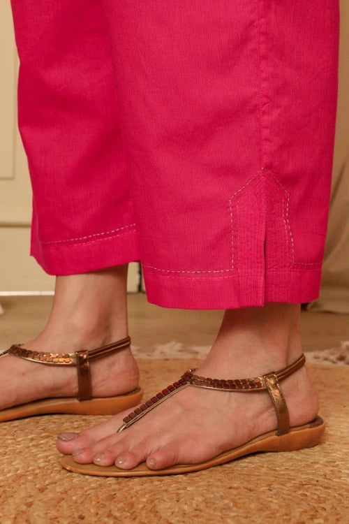 Rangsutra Aashvi Pink Straight-Fit Mangalgiri Cotton Pant With Kantha Hand Embroidery