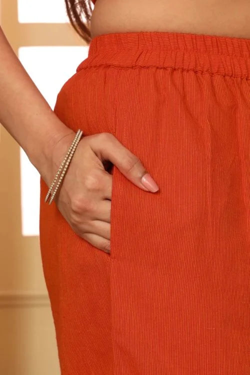 Rangsutra Aashvi Orange Straight-Fit Mangalgiri Cotton Pant With Kantha Hand Embroidery