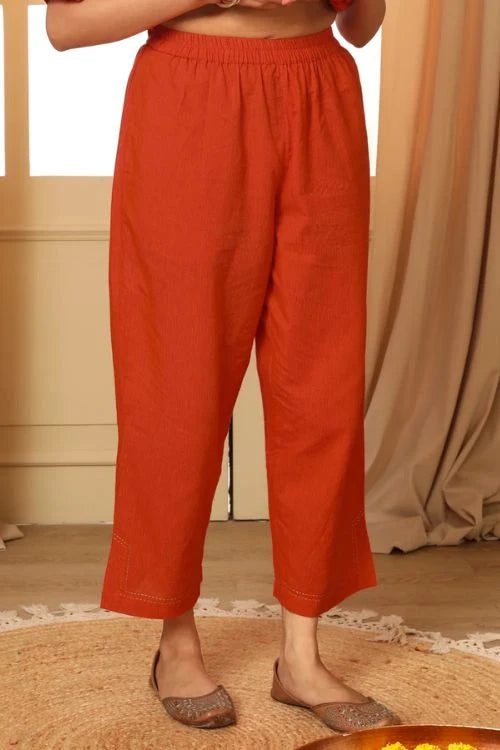Rangsutra Aashvi Orange Straight-Fit Mangalgiri Cotton Pant With Kantha Hand Embroidery
