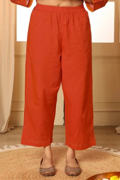 Rangsutra Aashvi Orange Straight-Fit Mangalgiri Cotton Pant With Kantha Hand Embroidery