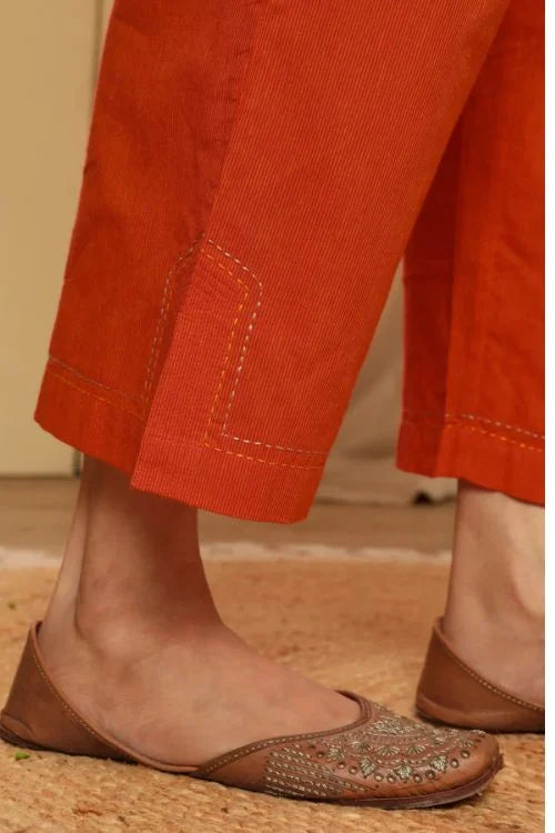 Rangsutra Aashvi Orange Straight-Fit Mangalgiri Cotton Pant With Kantha Hand Embroidery