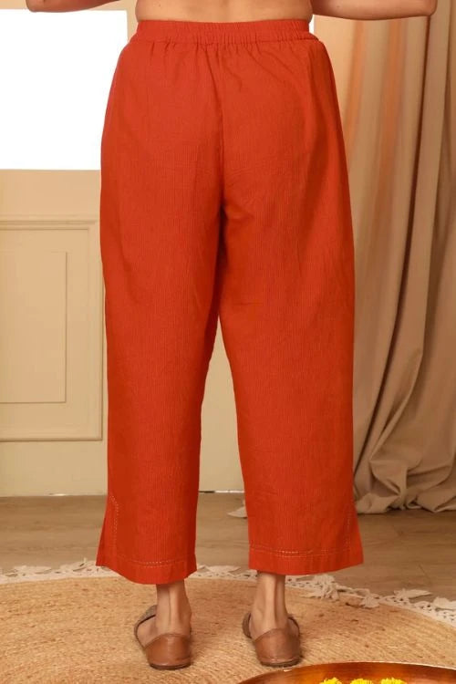 Rangsutra Aashvi Orange Straight-Fit Mangalgiri Cotton Pant With Kantha Hand Embroidery