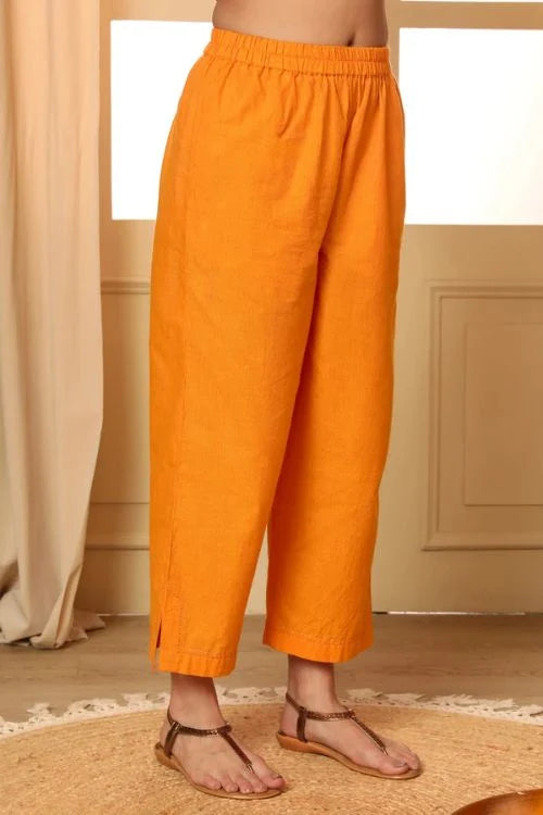 Rangsutra Aashvi Yellow Straight-Fit Mangalgiri Cotton Pant With Kantha Hand Embroidery