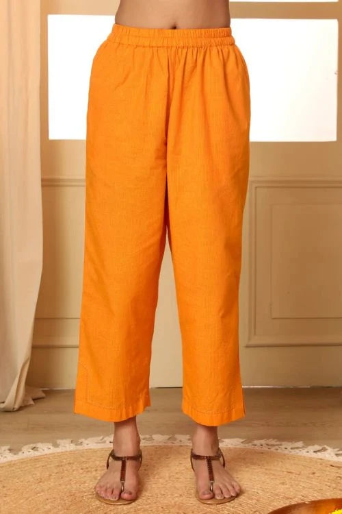 Rangsutra Aashvi Yellow Straight-Fit Mangalgiri Cotton Pant With Kantha Hand Embroidery