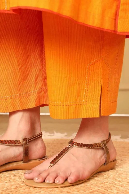 Rangsutra Aashvi Yellow Straight-Fit Mangalgiri Cotton Pant With Kantha Hand Embroidery