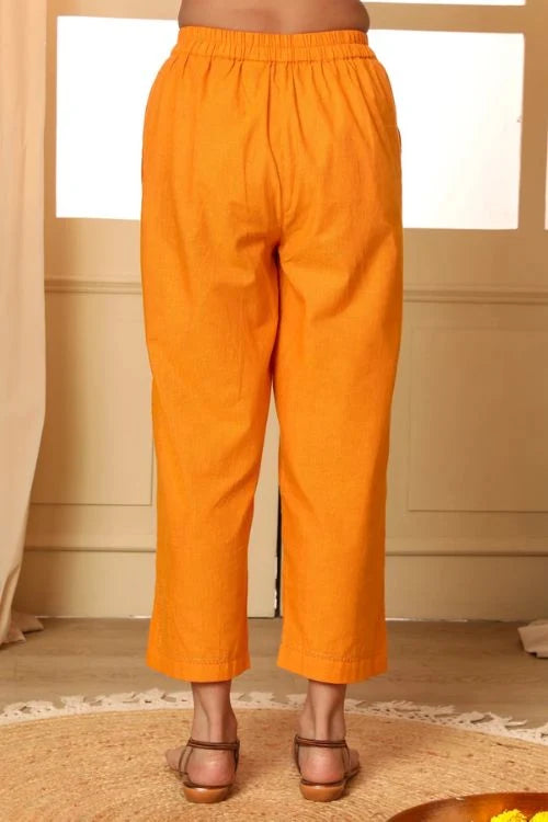 Rangsutra Aashvi Yellow Straight-Fit Mangalgiri Cotton Pant With Kantha Hand Embroidery