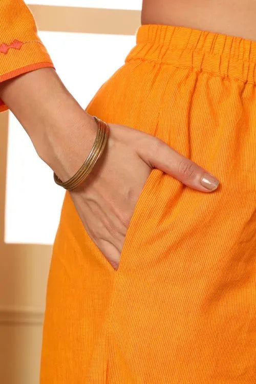 Rangsutra Aashvi Yellow Straight-Fit Mangalgiri Cotton Pant With Kantha Hand Embroidery