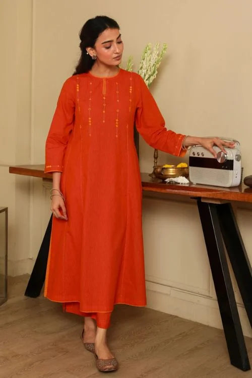 Rangsutra Aashvi Orange Flared Mangalgiri Cotton Kurta With Soof Hand Embroidery
