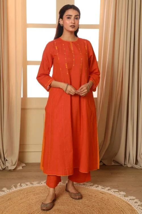 Rangsutra Aashvi Orange Flared Mangalgiri Cotton Kurta With Soof Hand Embroidery