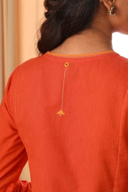 Rangsutra Aashvi Orange Flared Mangalgiri Cotton Kurta With Soof Hand Embroidery
