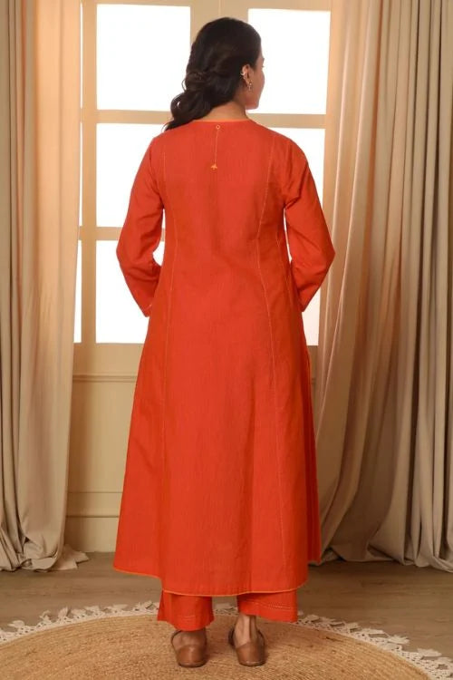 Rangsutra Aashvi Orange Flared Mangalgiri Cotton Kurta With Soof Hand Embroidery