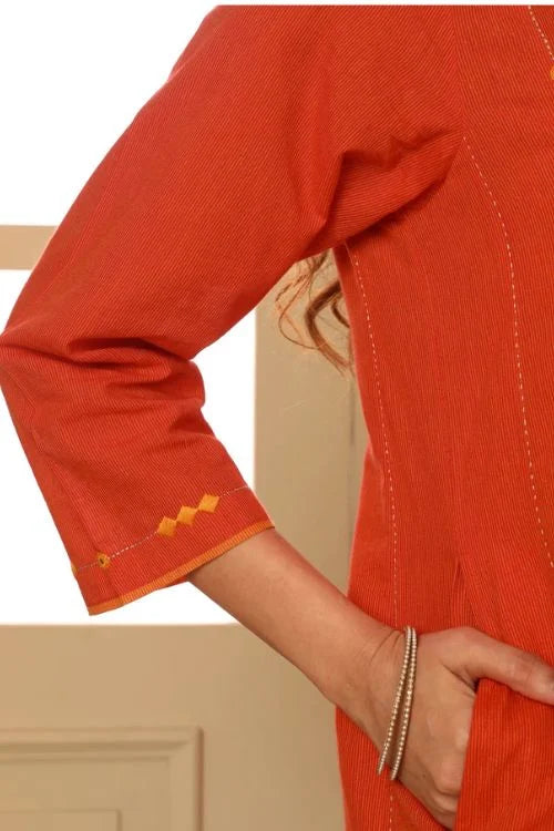 Rangsutra Aashvi Orange Flared Mangalgiri Cotton Kurta With Soof Hand Embroidery