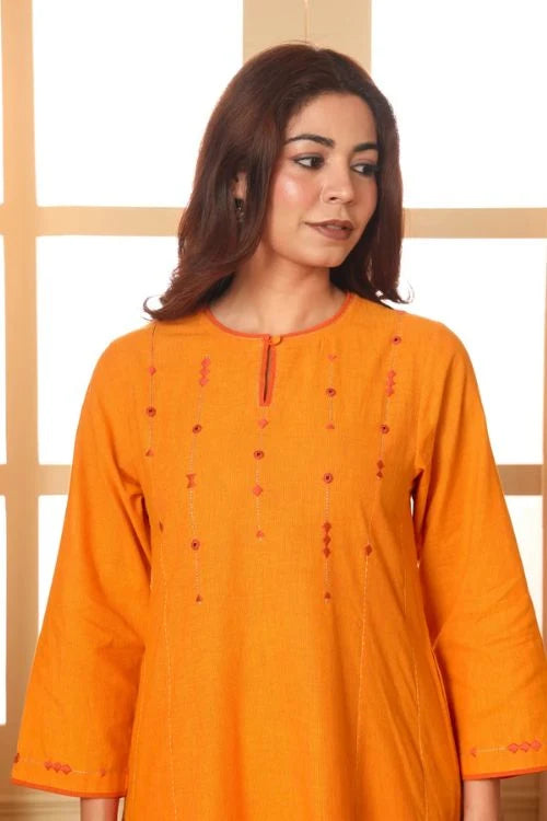 Rangsutra Aashvi Yellow Flared Mangalgiri Cotton Kurta With Soof Hand Embroidery