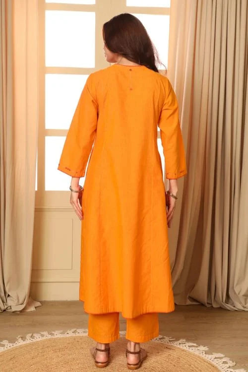 Rangsutra Aashvi Yellow Flared Mangalgiri Cotton Kurta With Soof Hand Embroidery