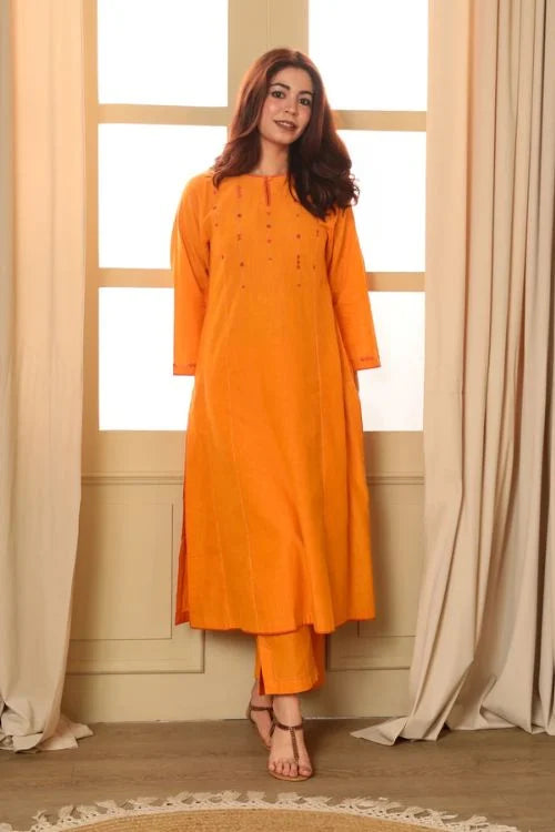 Rangsutra Aashvi Yellow Flared Mangalgiri Cotton Kurta With Soof Hand Embroidery