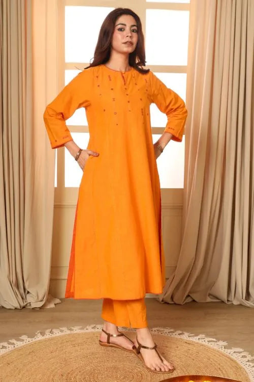 Rangsutra Aashvi Yellow Flared Mangalgiri Cotton Kurta With Soof Hand Embroidery