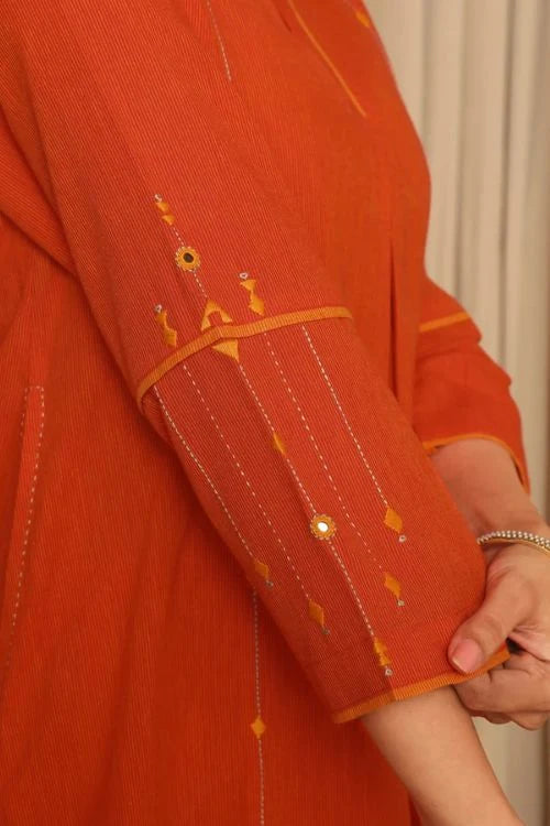 Rangsutra Aashvi Orange Pleated Mangalgiri Cotton Kurta With Soof Hand Embroidery