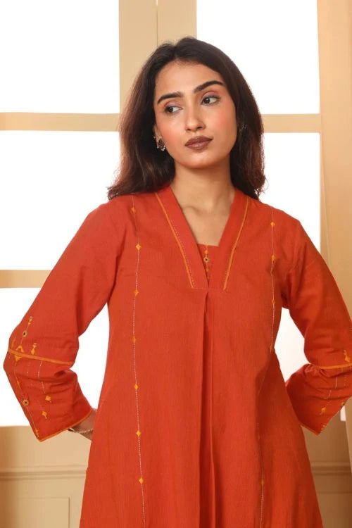 Rangsutra Aashvi Orange Pleated Mangalgiri Cotton Kurta With Soof Hand Embroidery
