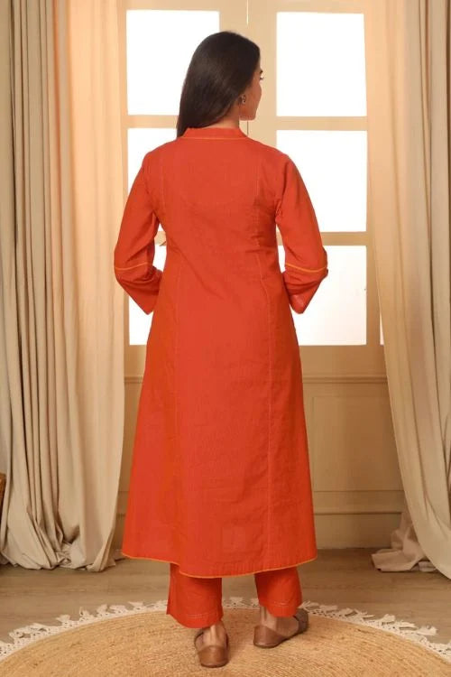 Rangsutra Aashvi Orange Pleated Mangalgiri Cotton Kurta With Soof Hand Embroidery