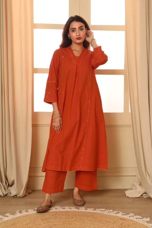 Rangsutra Aashvi Orange Pleated Mangalgiri Cotton Kurta With Soof Hand Embroidery