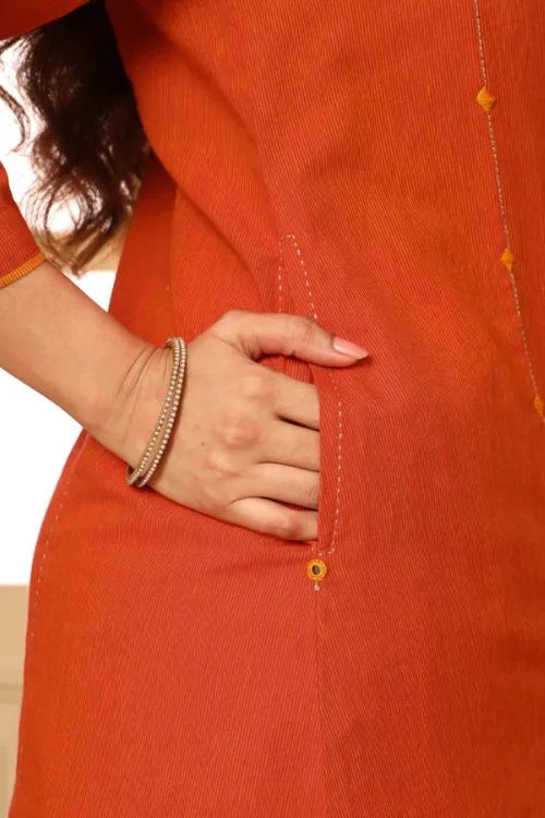 Rangsutra Aashvi Orange Pleated Mangalgiri Cotton Kurta With Soof Hand Embroidery