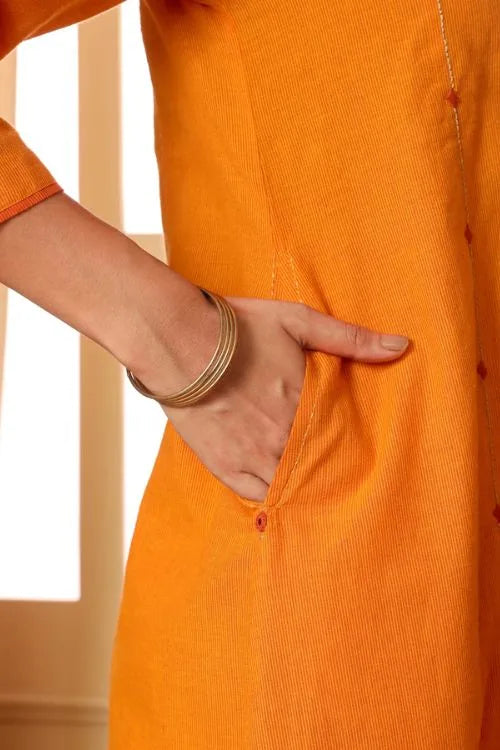 Rangsutra Aashvi Yellow Pleated Mangalgiri Cotton Kurta With Soof Hand Embroidery