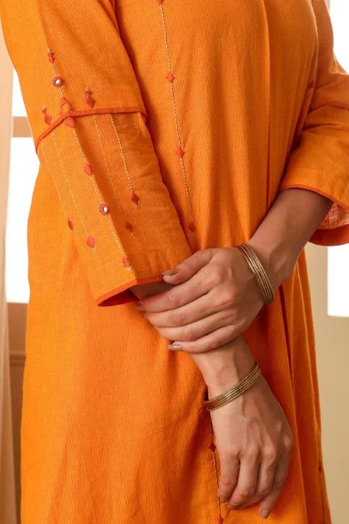 Rangsutra Aashvi Yellow Pleated Mangalgiri Cotton Kurta With Soof Hand Embroidery