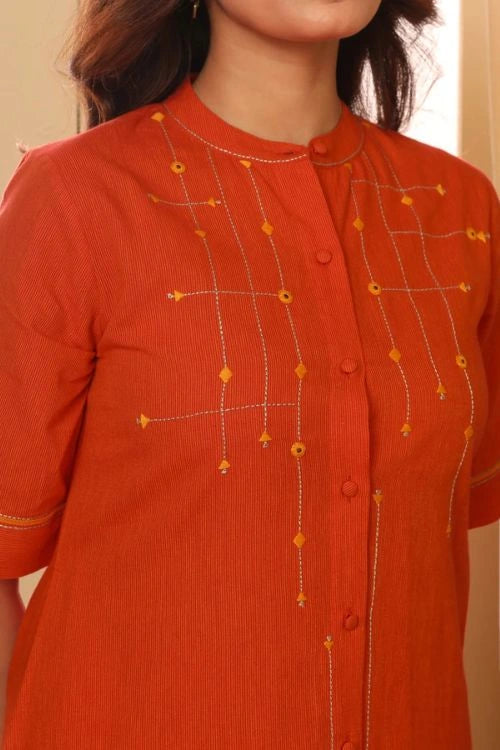 Rangsutra Aashvi Orange Collar Mangalgiri Cotton Kurta With Soof Hand Embroidery