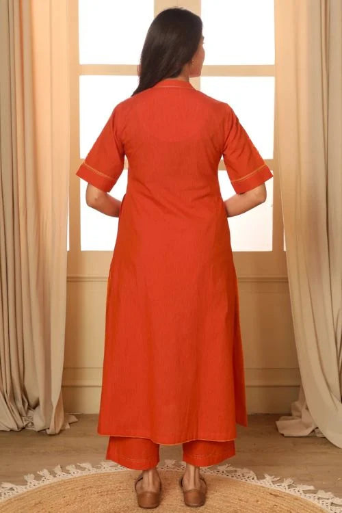 Rangsutra Aashvi Orange Collar Mangalgiri Cotton Kurta With Soof Hand Embroidery