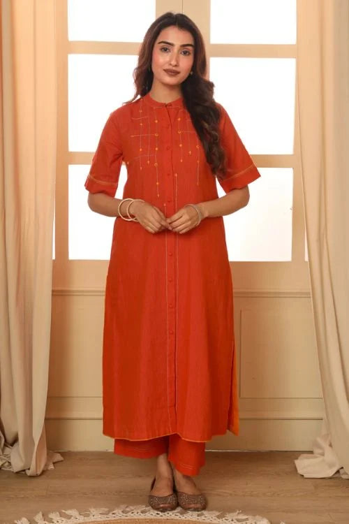 Rangsutra Aashvi Orange Collar Mangalgiri Cotton Kurta With Soof Hand Embroidery
