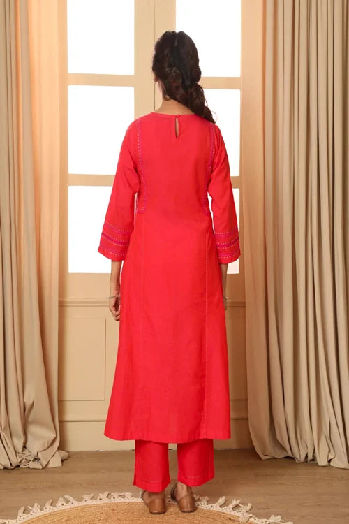 Rangsutra Aashvi Coral Kalidar Mangalgiri Cotton Kurta With Desert Hand Embroidery