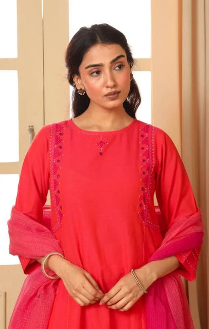 Rangsutra Aashvi Coral Kalidar Mangalgiri Cotton Kurta With Desert Hand Embroidery