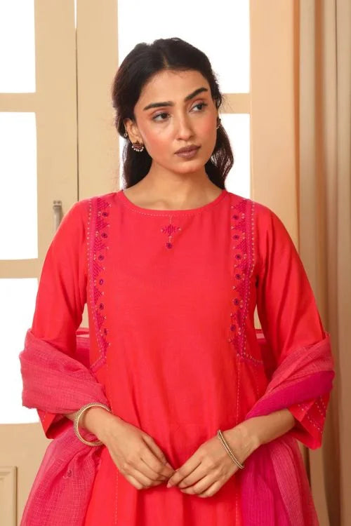 Rangsutra Aashvi Coral Kalidar Mangalgiri Cotton Kurta With Desert Hand Embroidery