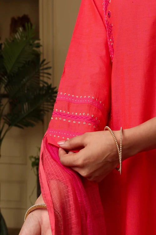 Rangsutra Aashvi Coral Kalidar Mangalgiri Cotton Kurta With Desert Hand Embroidery