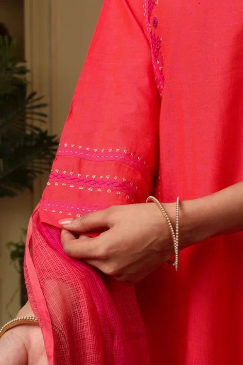 Rangsutra Aashvi Coral Kalidar Mangalgiri Cotton Kurta With Desert Hand Embroidery