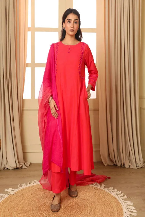 Rangsutra Aashvi Coral Kalidar Mangalgiri Cotton Kurta With Desert Hand Embroidery