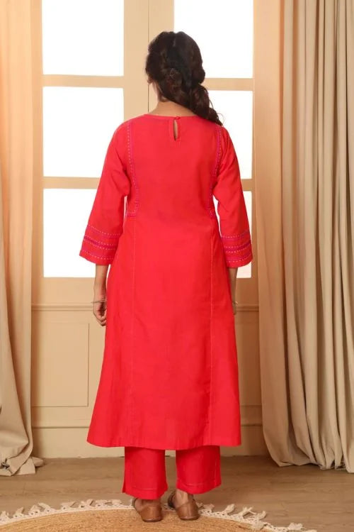 Rangsutra Aashvi Coral Kalidar Mangalgiri Cotton Kurta With Desert Hand Embroidery