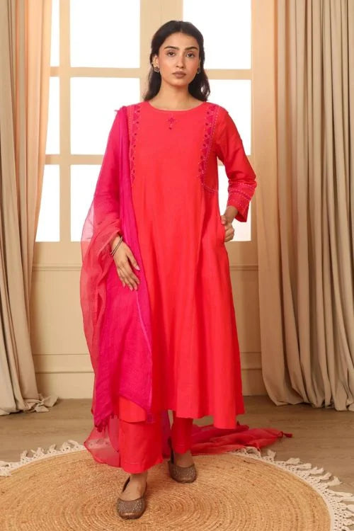Rangsutra Aashvi Coral Kalidar Mangalgiri Cotton Kurta With Desert Hand Embroidery